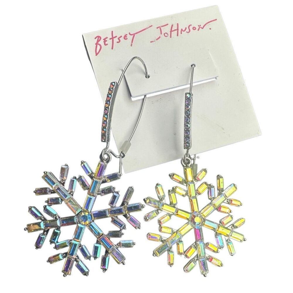 BETSEY JOHNSON HOLIDAY LARGE SNOWFLAKE HOOK EARRINGS CRYSTAL SILVER TONE NEW $58